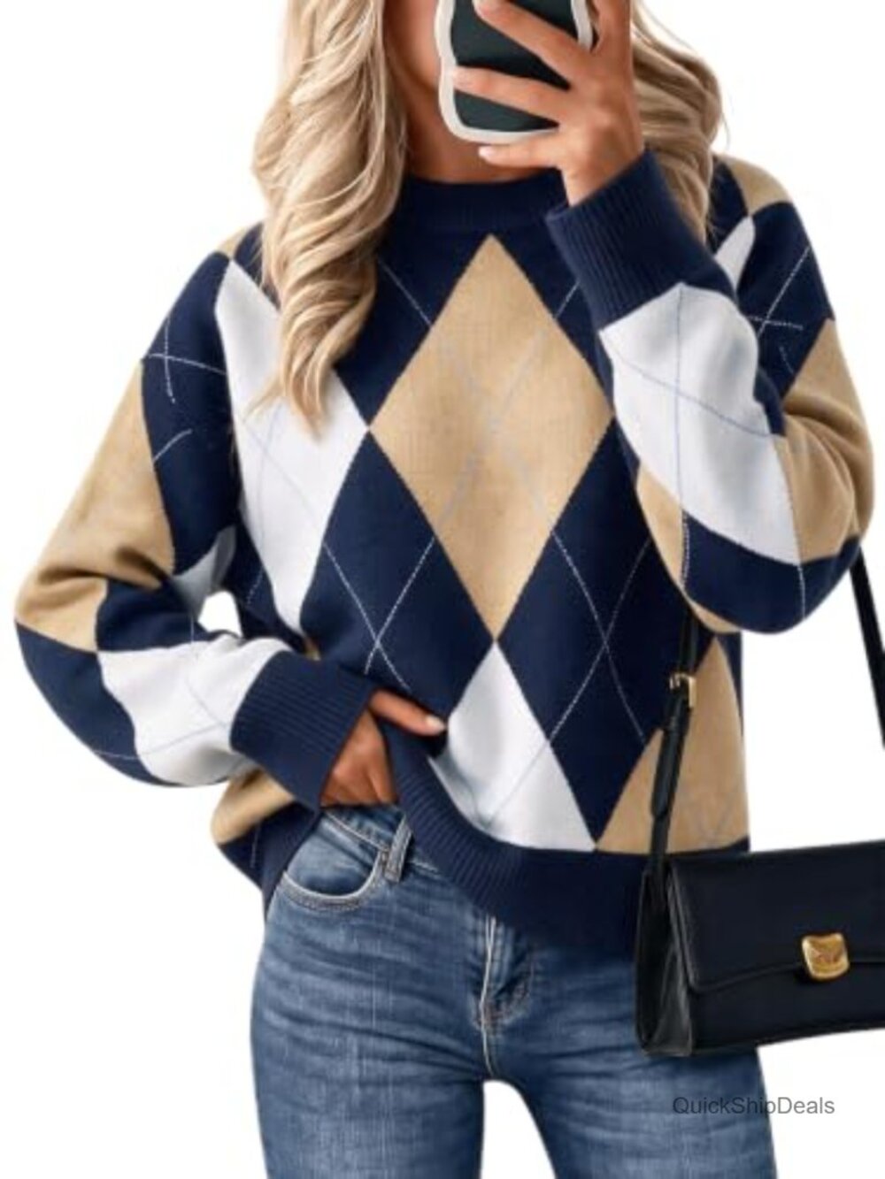 Argyle Plaid Color Block Knit Pullover Sweater Long Sleeve Crew Neck